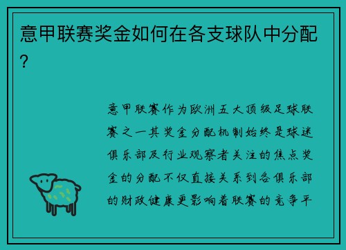 意甲联赛奖金如何在各支球队中分配？